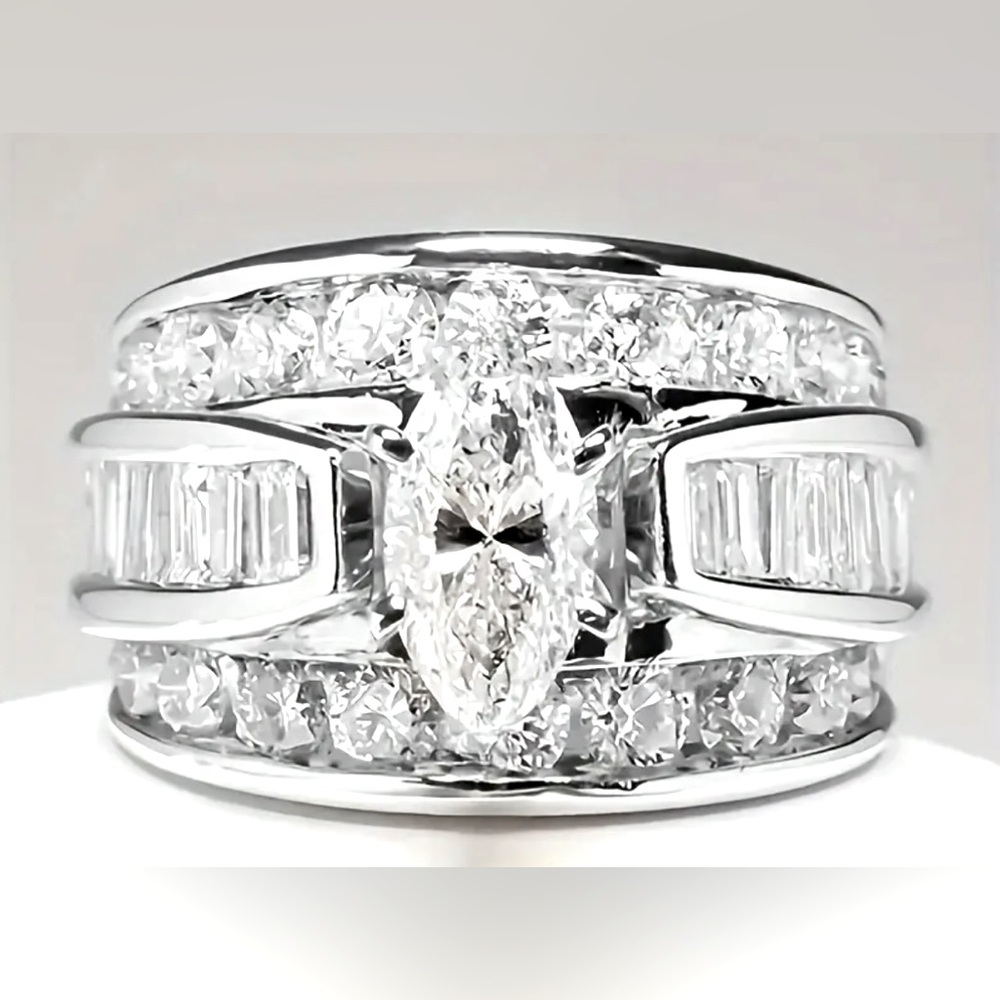 New large rhinestones ring white gold plated with Marquee,baguette& round stone